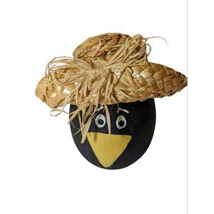 Halloween Fall Autumn Black Crow in Straw Hat Wooden Wood Handmade Craft 3"